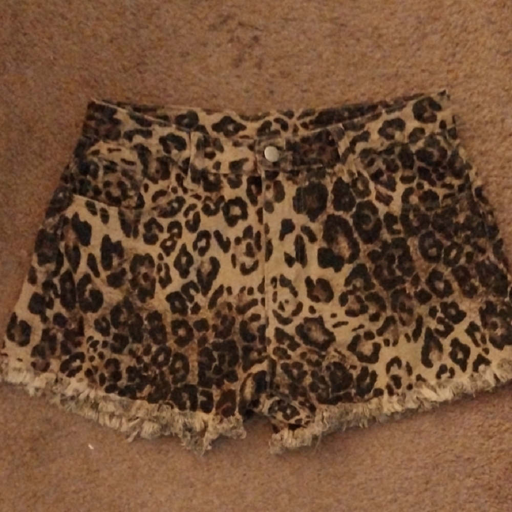 Rocky Roxy leopard print Brown and Black Jean Shorts with Distressed Hem